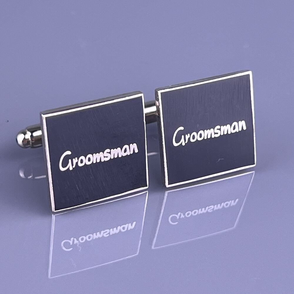 Groomsman Cufflinks Silver Tone Black Enamel Simple Square